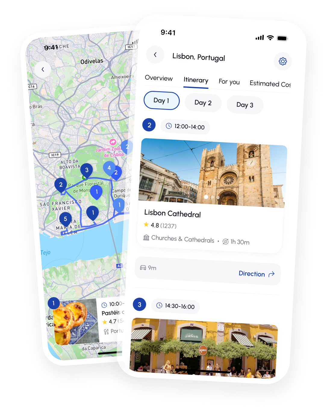 JRNEY AI trip planner showing a Lisbon day itinerary beside the trip map