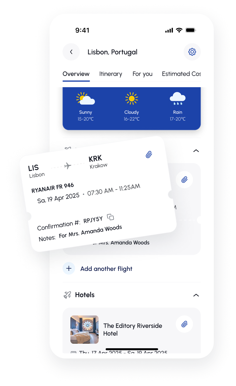 Flight and hotel confirmations imported from email into the JRNEY trip