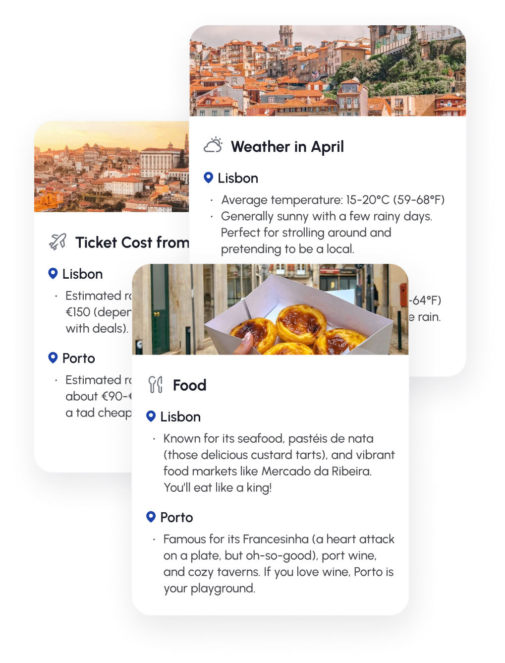 Two destinations compared side by side on weather, ticket cost and food