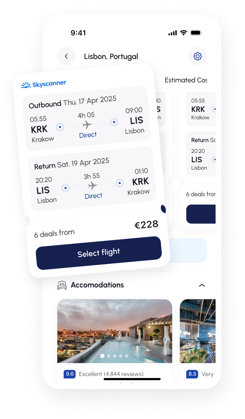 Live flight deals and hotel prices inside the JRNEY itinerary screen